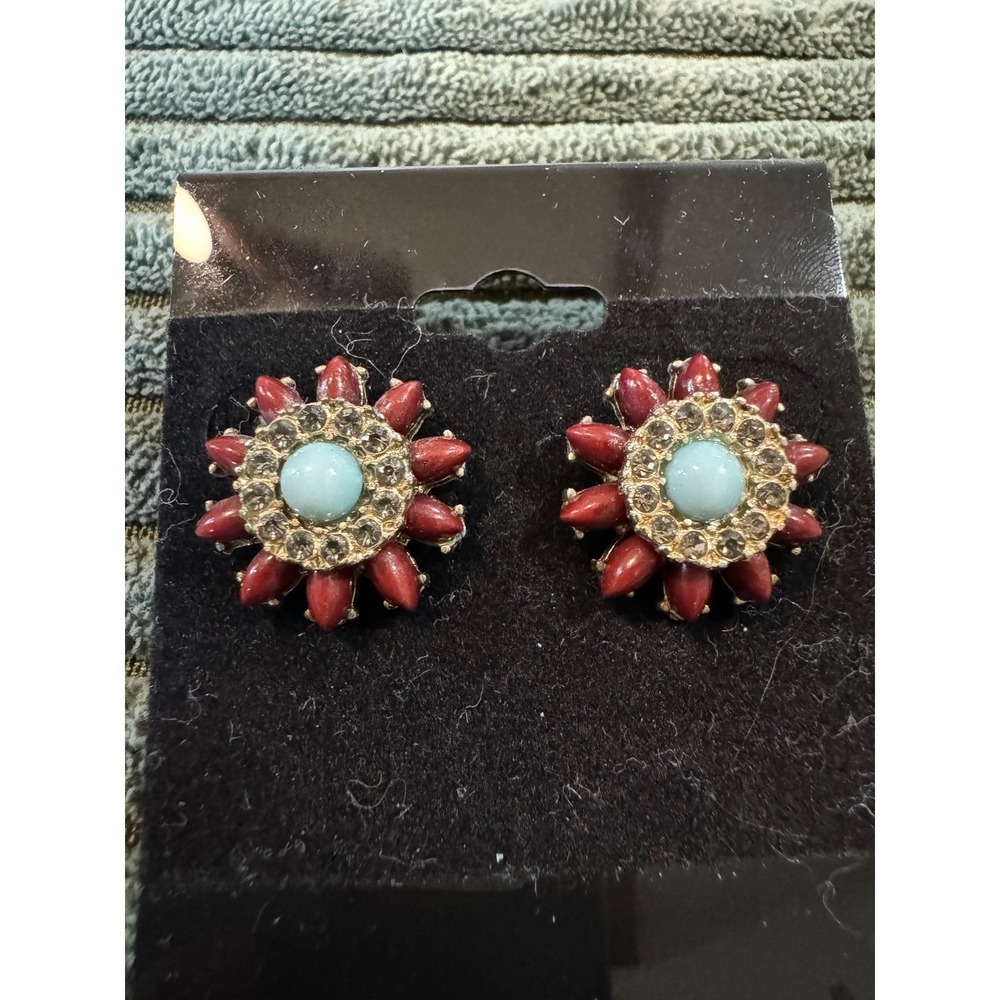 Floral Stud Earrings Red Coral Turquoise Gold Rhinestone Fashion Jewelry Women‎